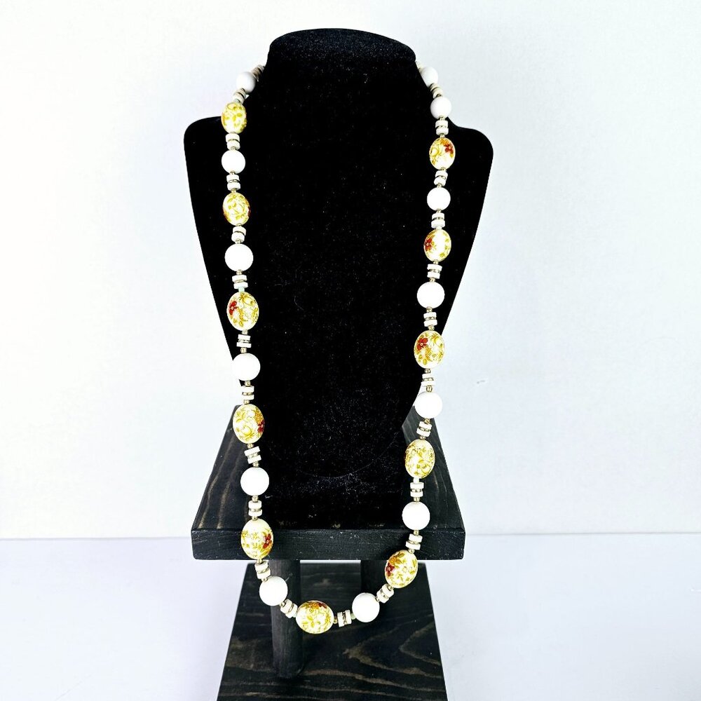 Vintage 1960's Floral Large White Bead Necklace, Japan, 30" Strand